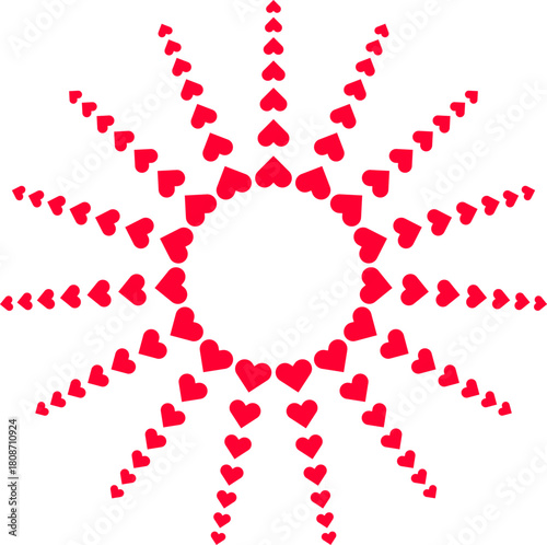 Vibrant red hearts arranged in a beautiful sunburst or starburst circular frame pattern design element for wedding valentine's day romantic love theme design 