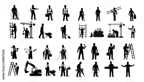 Collection of Construction Workers Silhouettes Performing Variou