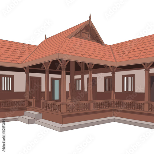 Depiction of a traditional Kerala home architecture with tiled roofing