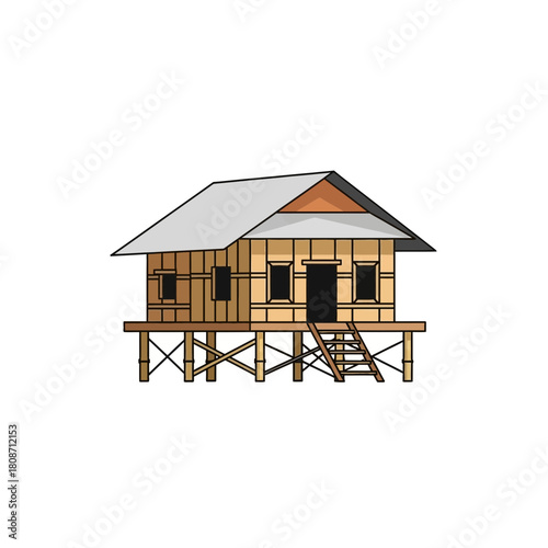 Elevated bamboo dwelling illustration against a clean white background