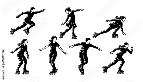 Set of diverse people enjoying roller skating in various dynamic