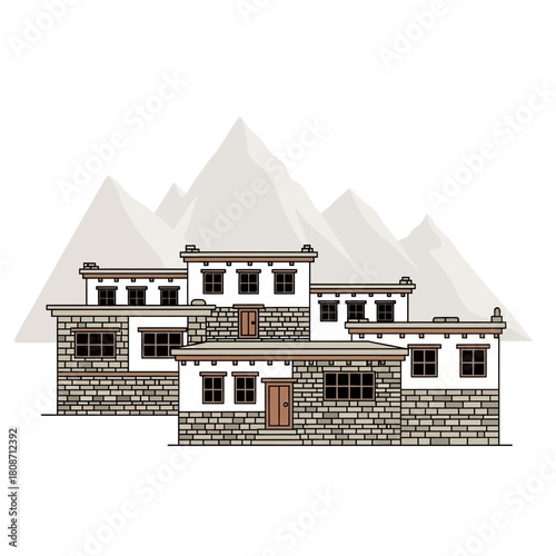 Illustration of Traditional Tibetan Architecture nestled among Mountain Peaks