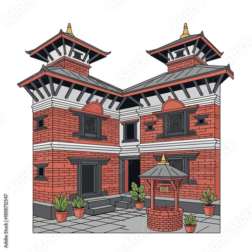 Nepalese architectural style illustration with brick building and water well