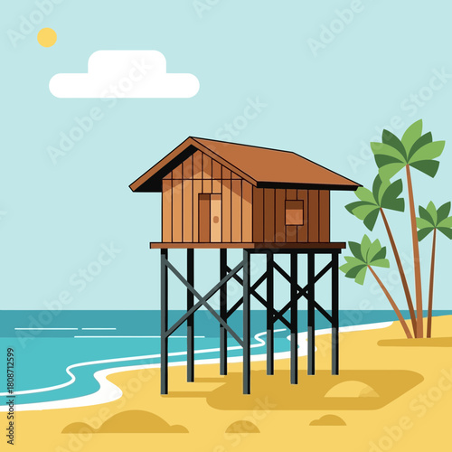 Seaside Stilt House Retreat Amidst Tropical Palm Trees and Sandy Beach Scenery