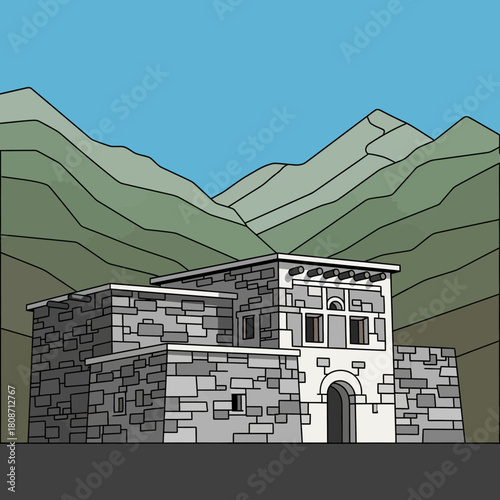 Stylized architectural visualization of a stone structure with mountains