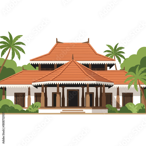 Traditional Kerala architecture amidst lush foliage and tropical ambiance