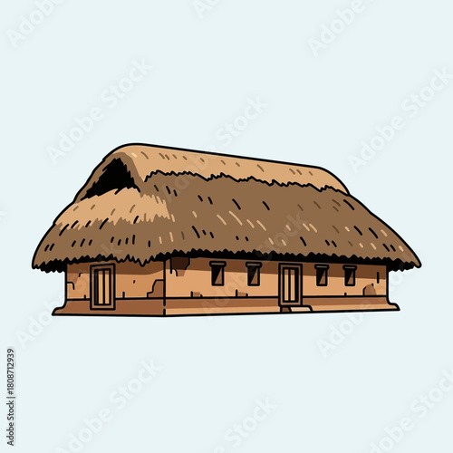 Traditional mud house with thatched roof, indigenous architecture illustration