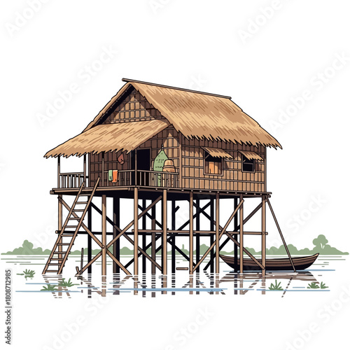 Traditional stilt house illustration in a serene watery landscape drawing