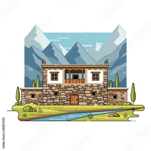 Serene mountain retreat: Stone house nestled among picturesque peaks