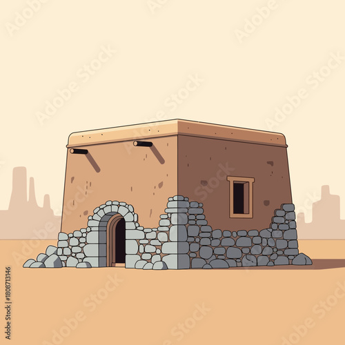 Ancient adobe structure against a serene desert landscape illustration