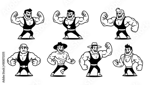 Set of Diverse Muscular Men Posing in Vintage Style.