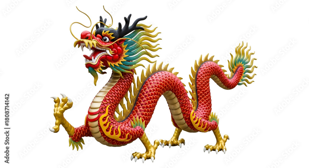 Fototapeta premium Majestic detailed red and gold Chinese dragon statue, bringing fortune and good luck for Lunar New Year celebrations, cultural festivals, and grand openings
