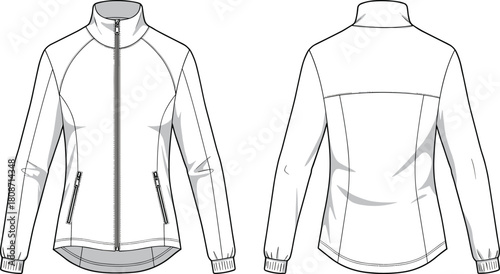 Flat vector illustration, fashion technical sketch, zippered jacket design, high collar, ribbed cuffs, curved hem, garment template, clothing drawing