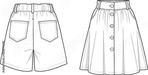 Flat vector illustration, fashion technical sketch, A-line skirt with pockets, button-down gathered skirt, garment template, clothing drawing, apparel outline