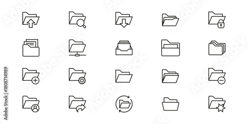 Vector line folder icons set. Vector black line folder icons set. Minimal folder & file line icons related items black & white thin vector set. Digital organization and data management icons folder.