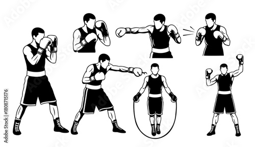 Boxing Silhouettes Set Diverse Poses Training And Fighting.