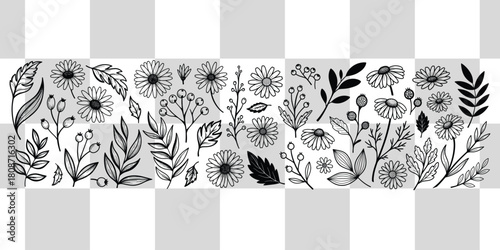 Elegant botanical illustration featuring daisies leaves and berries on a checkered background art
