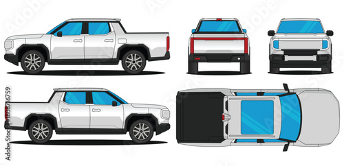 Pickup car vector. Car mockup illustration of a terron. Isolated on white background, With side, front, rear and top views