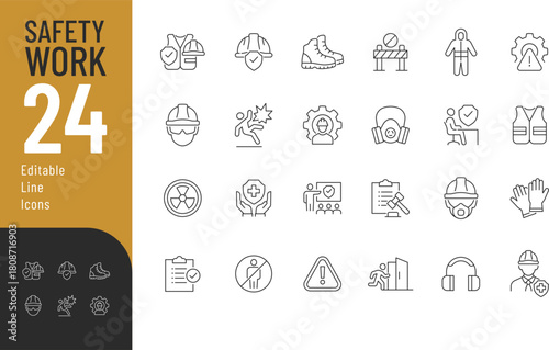 Safety Work Icons set Vector illustration in modern thin representing personal protective equipment, hazard signs, workplace security symbols, and more. Isolated on transparent background.