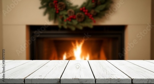 Empty wooden table with blurred fireplace and christmas wreath background