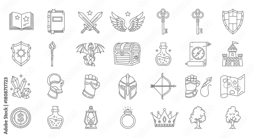 Fototapeta premium Fantasy RPG Assets: Outline Icons for Game Design and Illustration, Perfect for UI Design