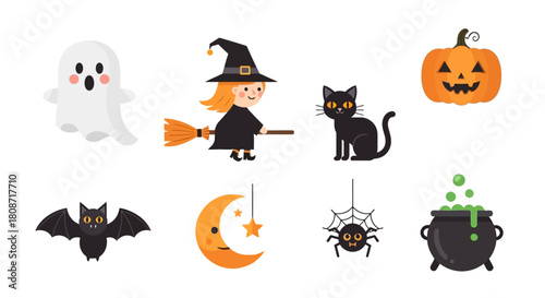 Charming halloween illustration featuring adorable witch flying with spooky and cute elements