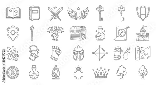 Fantasy RPG Assets: Outline Icons for Game Design and Illustration, Perfect for UI Design