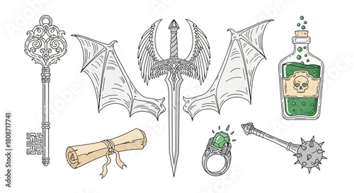 Fantasy themed vector illustration featuring mystical objects and magical artifacts