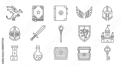 Fantasy world icons set, dragon, spells books, wings, helmets, and other medieval elements