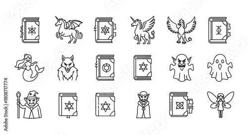 Enchanting mystical world: collection of outline fantasy creatures and magic books icon set