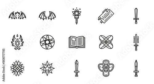 Fantasy icons in black and white: A collection of magical and medieval-inspired symbols in a