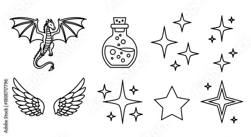 Magical themed line art featuring dragon, wings, potion bottle and several stars