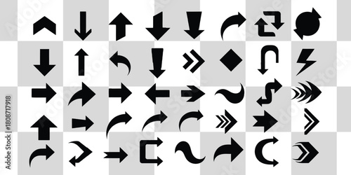Collection of various black arrow symbols pointing in different directions on a checkered background