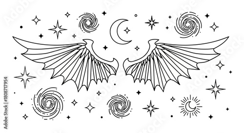 Cosmic Wings and Celestial Realm: A Mystical Illustration with Moon and Stars design