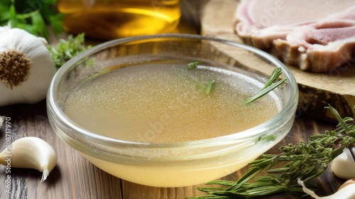 Fototapeta Naklejka Na Ścianę i Meble -  Clear pork broth with herbs and garlic on wooden background. Generative AI