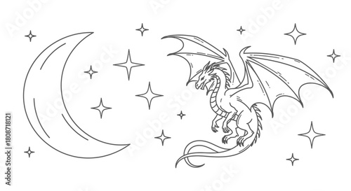 Stylized drawing of dragon with wings outstretched, alongside a crescent moon in a starry sky
