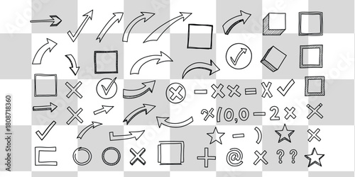 Hand drawn arrows check marks squares and mathematical symbols on a checkered background design
