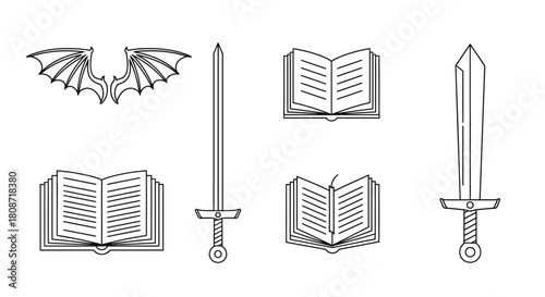 Fantasy realm concept illustration featuring books swords and draconic wings artwork