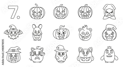 Halloween illustrations with cartoon characters in outline style for coloring activity for kids