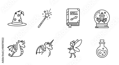 Collection of magical items and fantasy creatures icons with minimalist design showcasing a