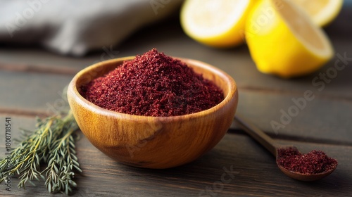 Fototapeta Naklejka Na Ścianę i Meble -  Rich red sumac spice in a wooden bowl with fresh lemons. Generative AI