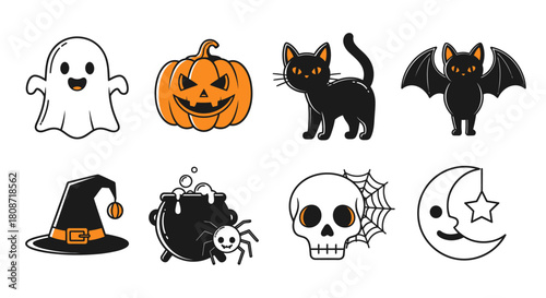 Collection of cute and spooky Halloween cartoon elements for festive decorations or party