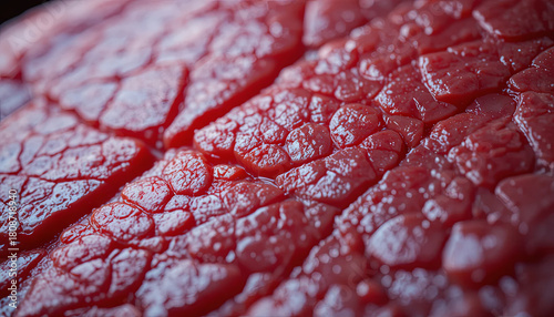 This close-up showcases the raw surface of beef, highlighting the unique textures and fine details of the meat. The bright red color and visible patterns create a striking visual
