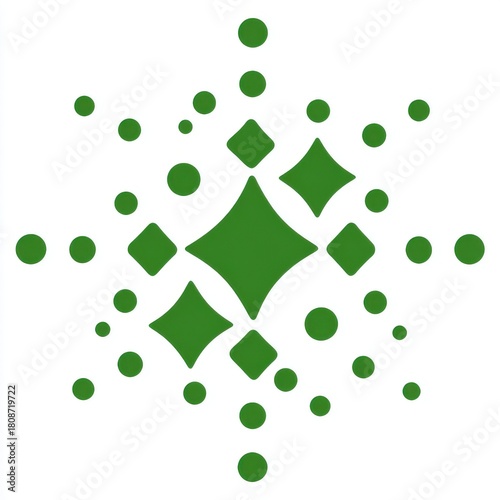 Green Geometric Starburst Pattern on White Background with Circles and Diamonds