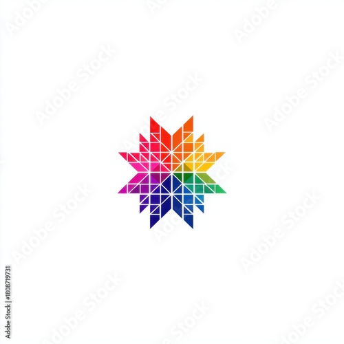 Geometric Starburst In Rainbow Colors With Abstract Shapes On White Background