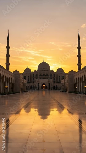 Golden Sunset Over Traditional Mosque Courtyard Arches Reflection