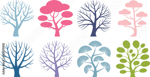 Eight stylized trees in pastel colors on white background