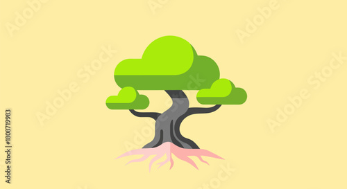Stylized Green Tree with Visible Roots and Abstract Foliage.