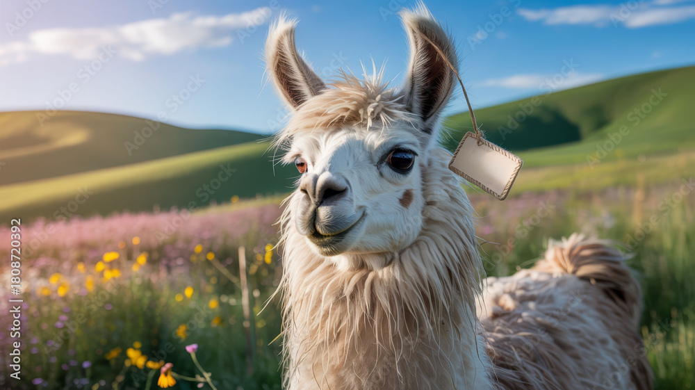Obraz premium Fluffy llama with a tag stands in a field of wildflowers under a sunny sky.