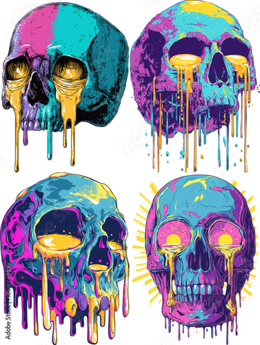 Vibrant illustration of skulls with glowing eyes and dripping paint in neon colors. Bold expressive artwork blending surreal style, liquid textures, and modern pop art elements.